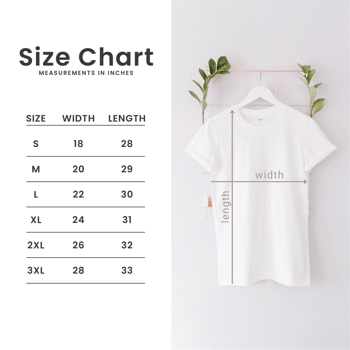 Size chart for a shirt with measurements in inches on a white background