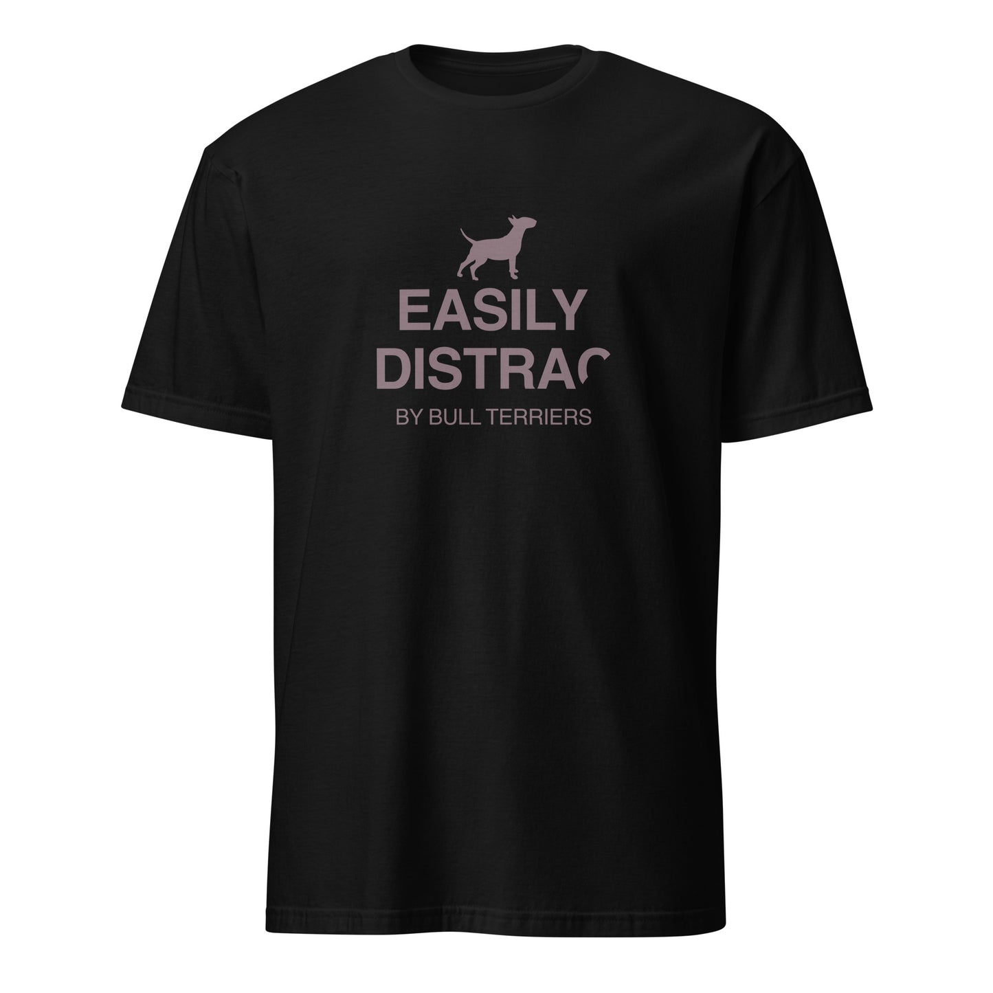 Product mockup - black t-shirt with text and a dog graphic reading EASILY DISTRACTED BY BULL TERRIERS