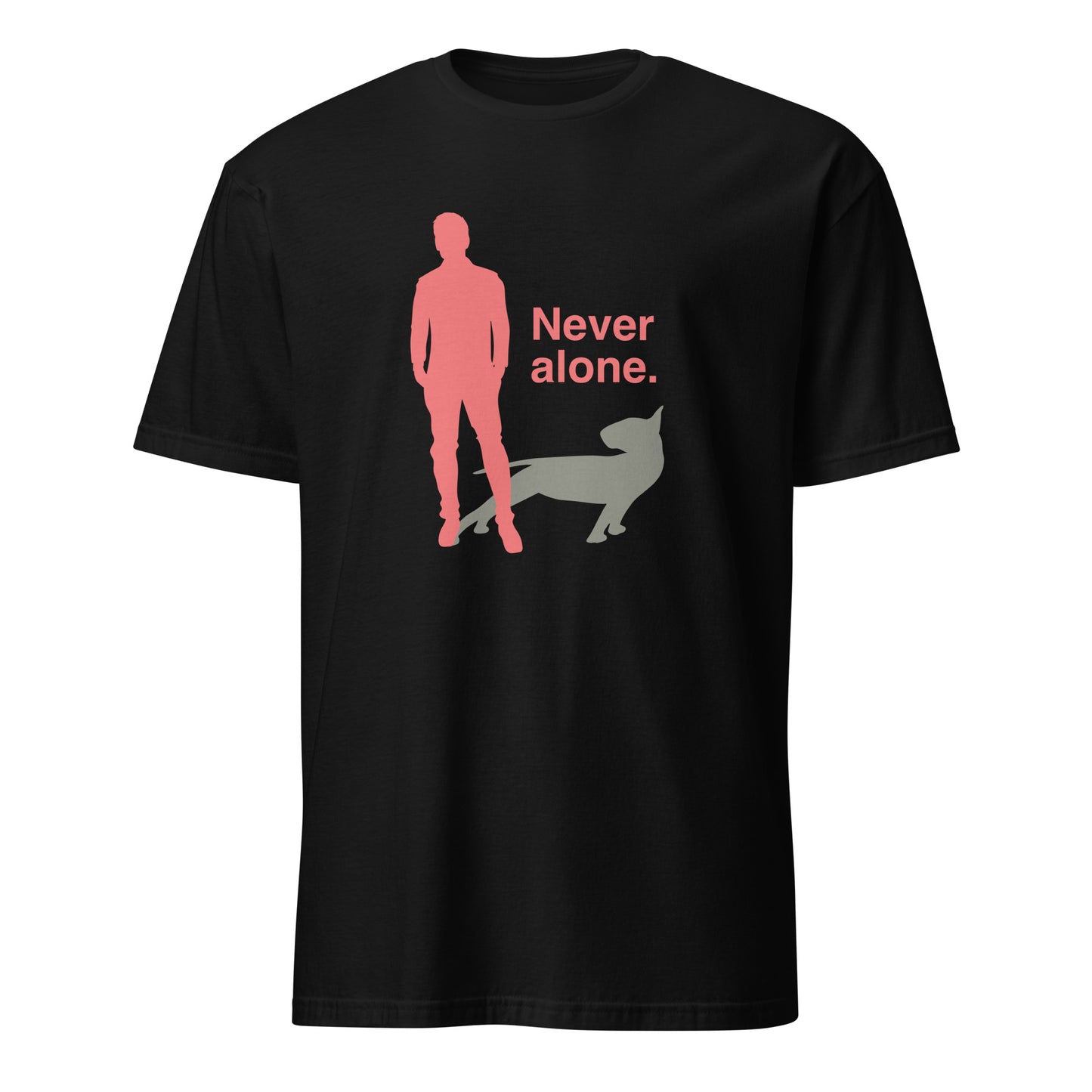 Product mockup of a black t-shirt with a graphic of a red figure and grey bull terrier shadow, and the text 'Never alone.' on a city street.