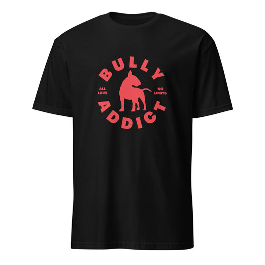 Product mockup - black t-shirt with red graphic and text Bully Addict