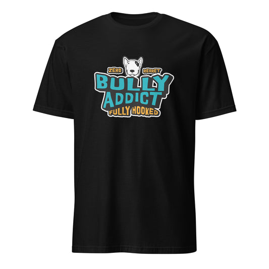 Product mockup, Black T-shirt with graphic text "Bully Addict Fully Hooked"