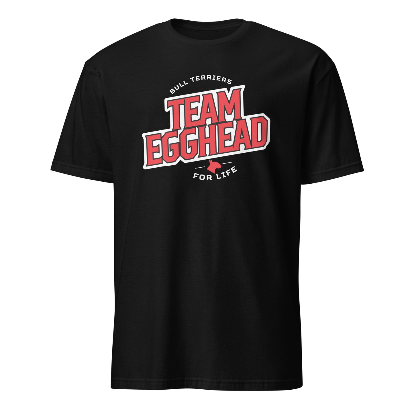 Product mockup of black t-shirt with 'Team Egghead for Life' text and logo.