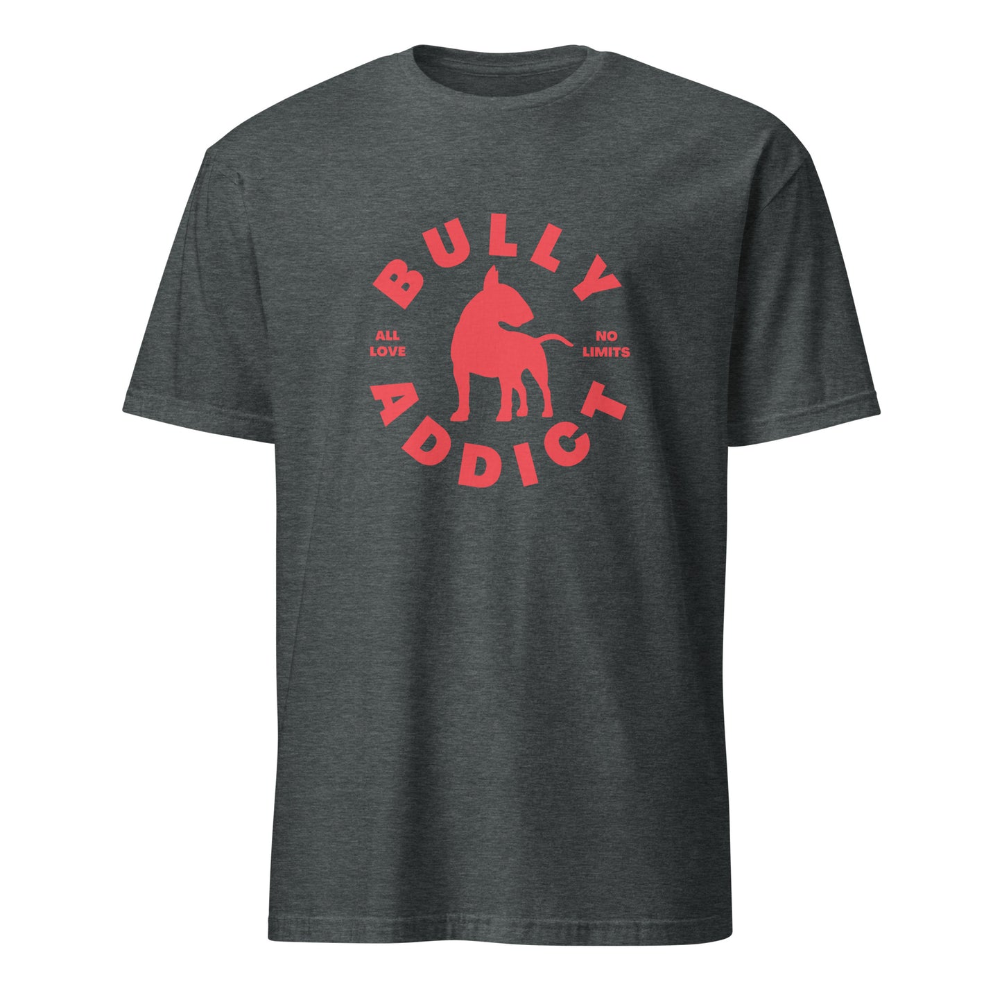 Product mockup - Dark Grey t-shirt with red graphic and text Bully Addict