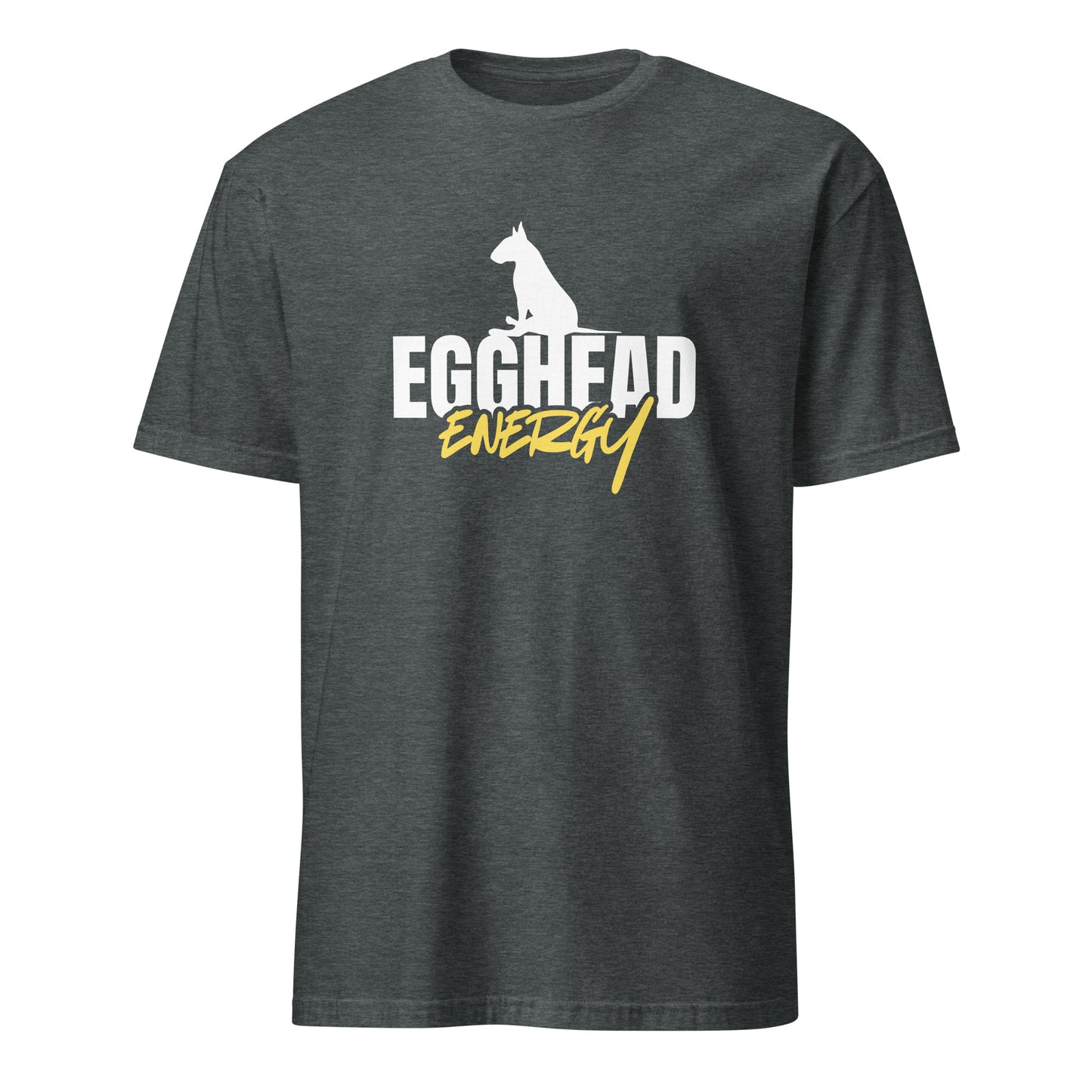 Product mockup of dark grey t-shirt with 'EGGHEAD ENERGY' text and graphic