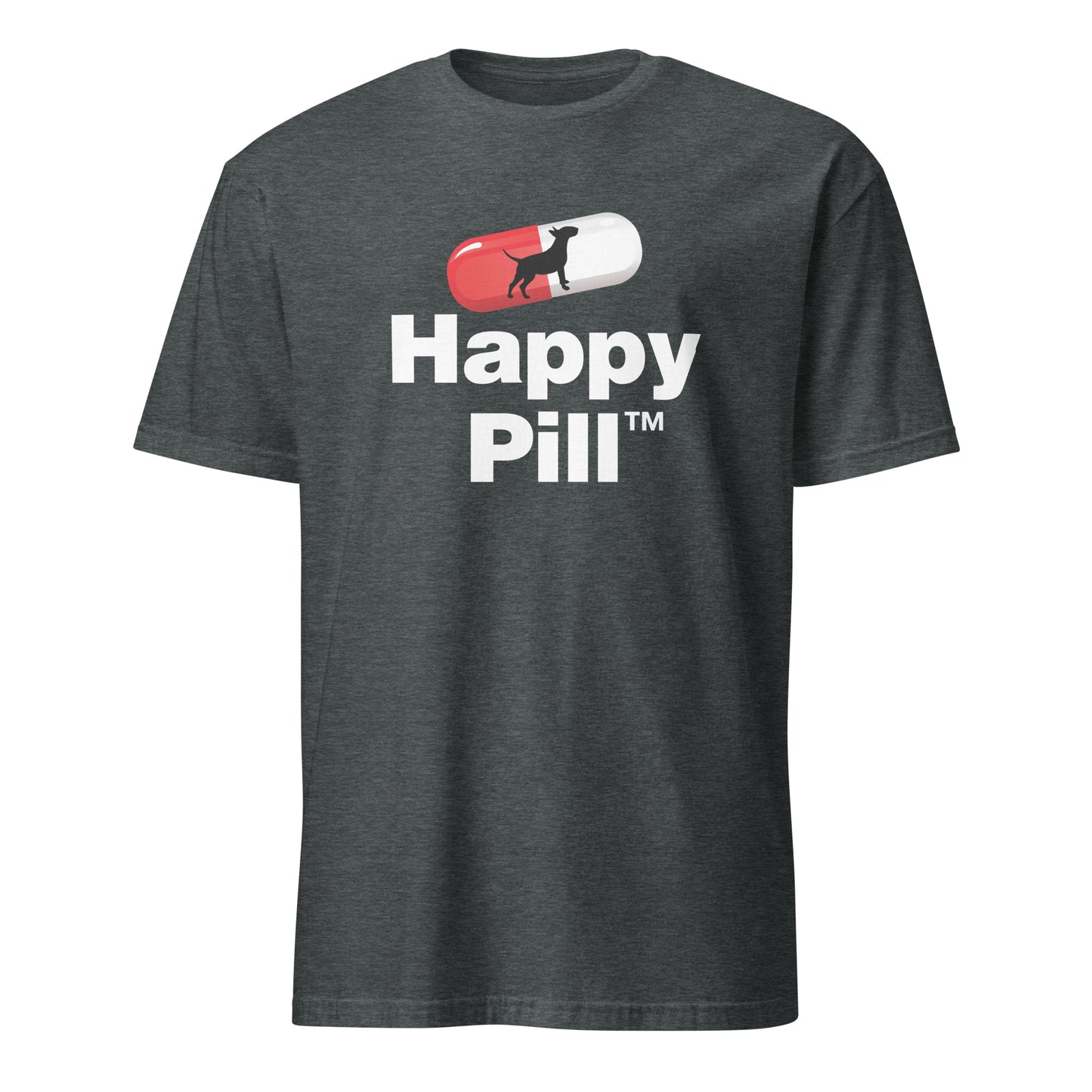 Product mockup of dark grey t-shirt with 'Happy Pill' dog graphic design.