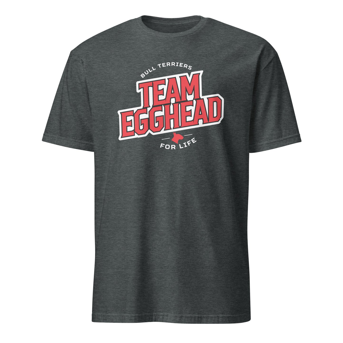 Product mockup of dark grey t-shirt with 'Team Egghead for Life' text and logo.