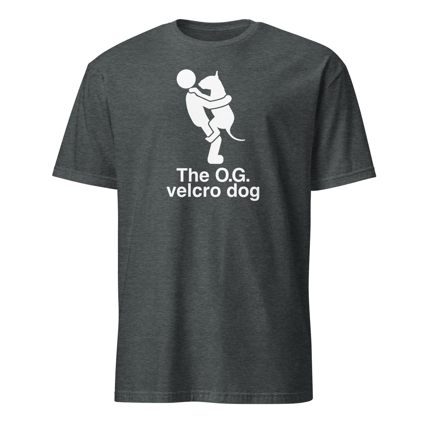 Product mockup of a dark grey t-shirt with a graphic of a bull terrier jumping into a persons arms, and text 'The O.G. velcro dog'.