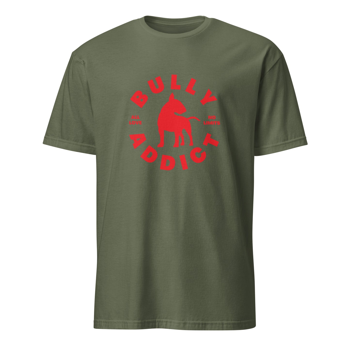 Product mockup - military green t-shirt with red graphic and text Bully Addict