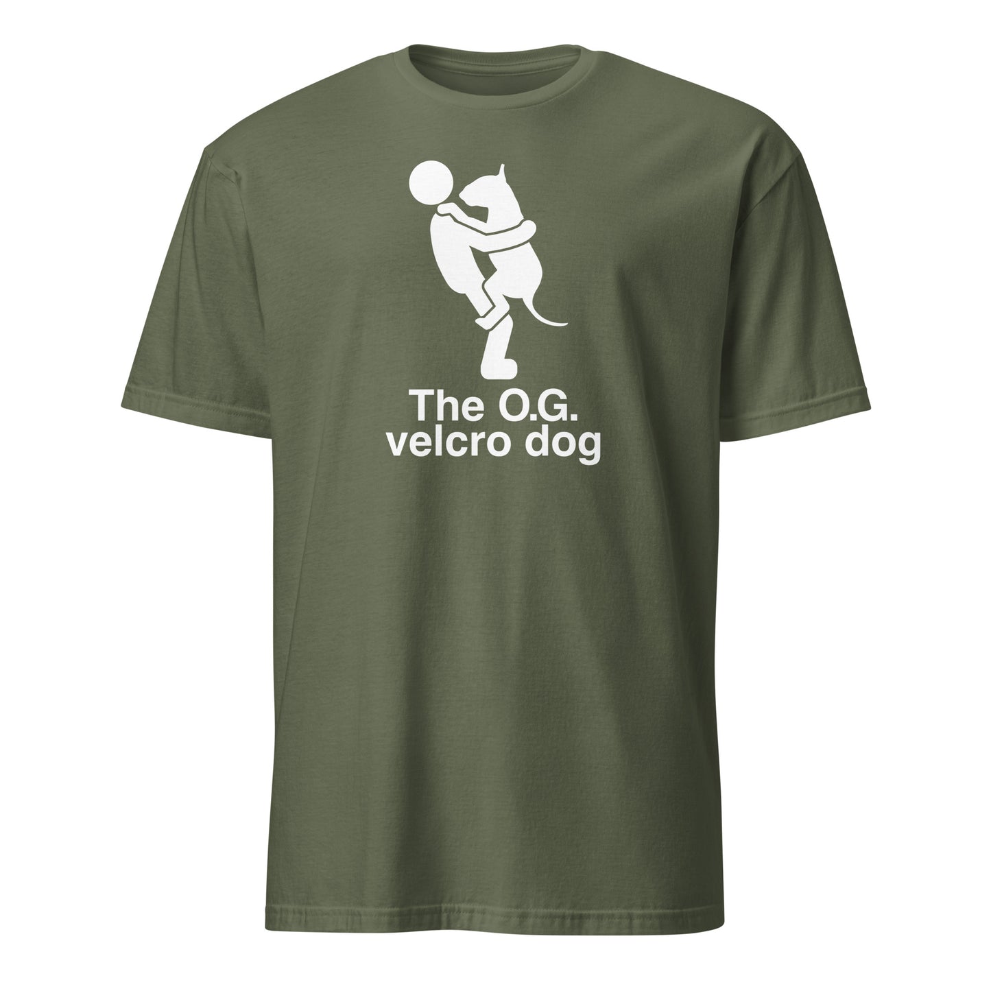 Product mockup of a military green t-shirt with a graphic of a bull terrier jumping into a persons arms, and text 'The O.G. velcro dog'.