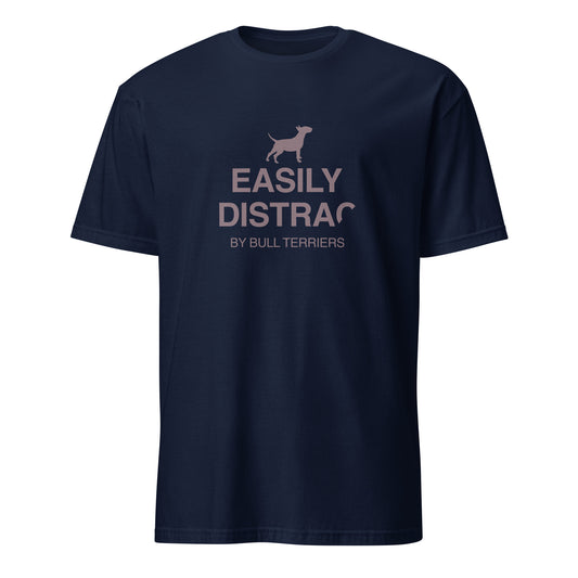Product mockup - navy t-shirt with text and a dog graphic reading EASILY DISTRACTED BY BULL TERRIERS