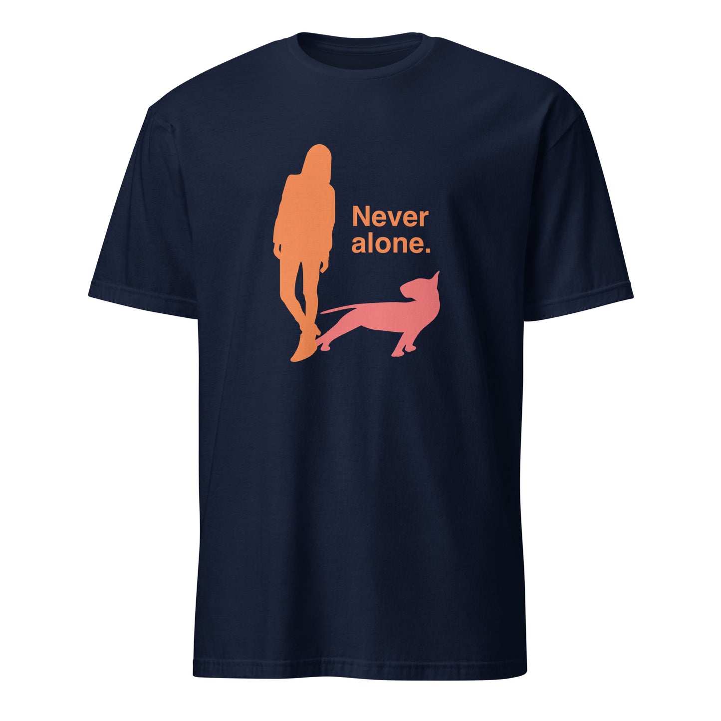 Product mockup of a navy t-shirt with a graphic of an orange figure and coral bull terrier shadow, and the text 'Never alone.'