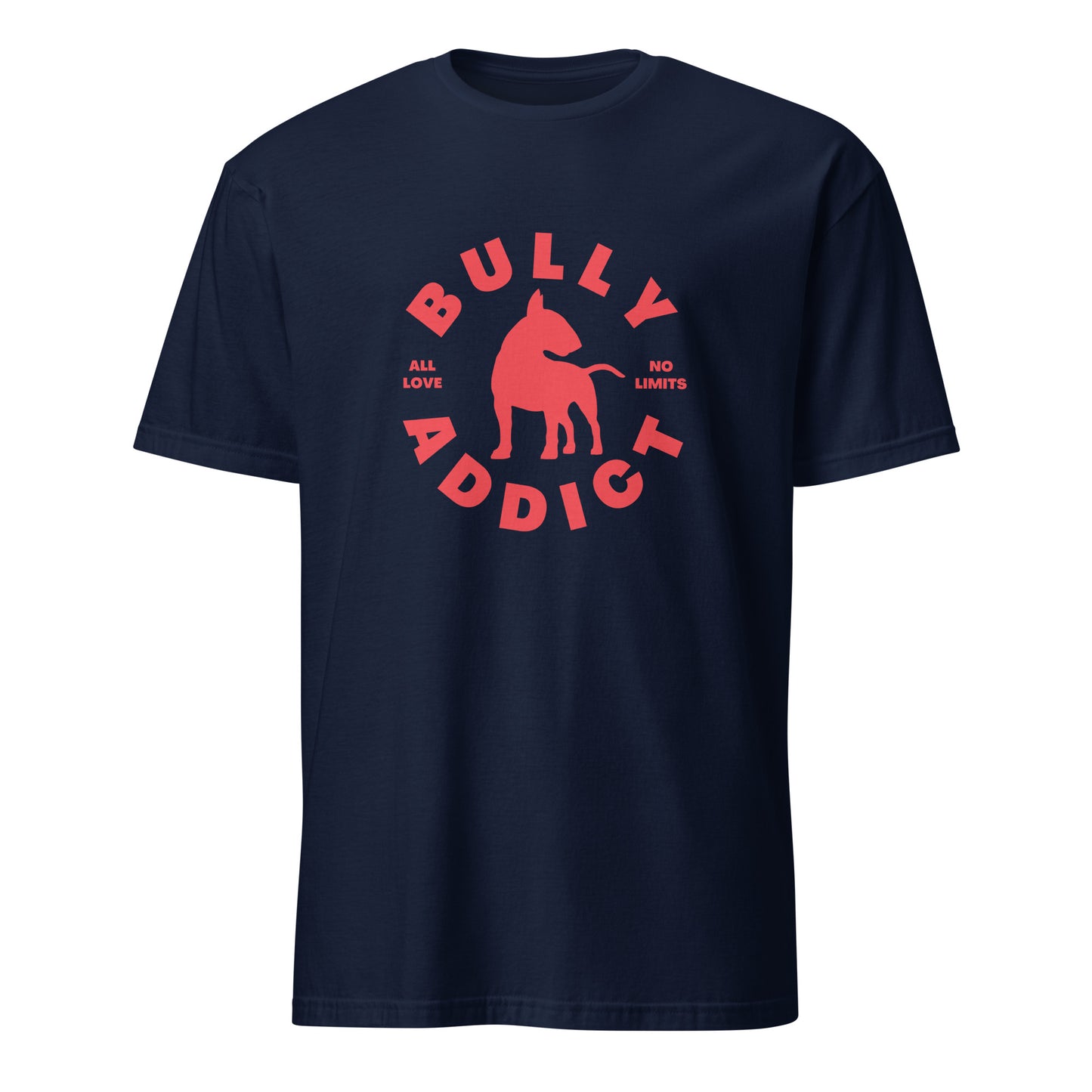Product mockup - navy t-shirt with red graphic and text Bully Addict