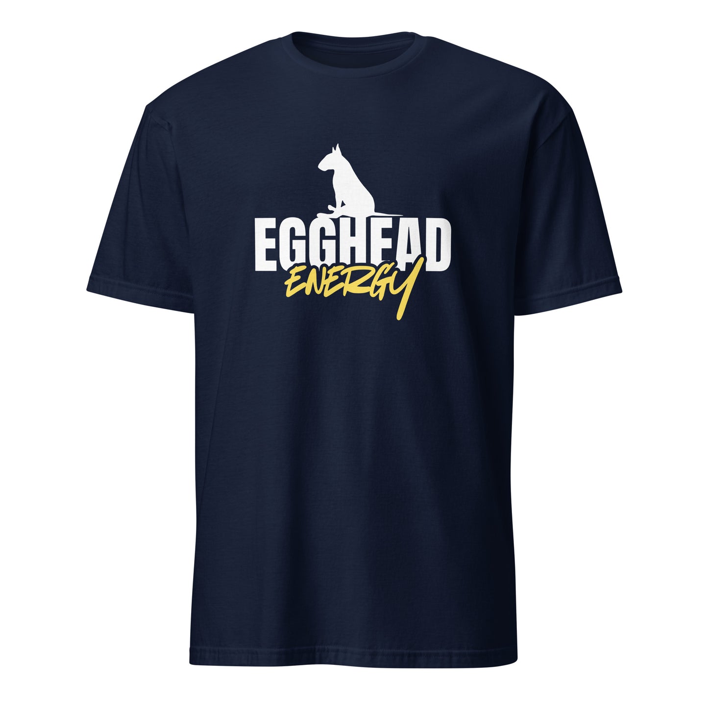 Product mockup of navy t-shirt with 'EGGHEAD ENERGY' text and graphic