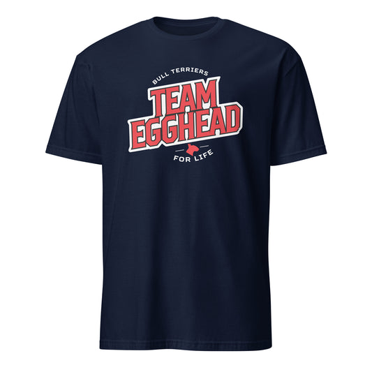 Product mockup of navy t-shirt with 'Team Egghead for Life' text and logo.