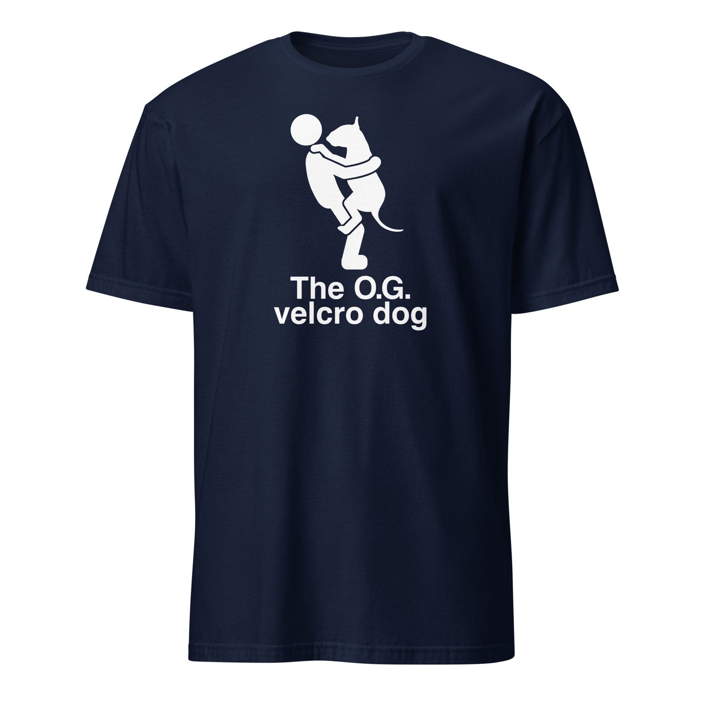 Product mockup of a navy t-shirt with a graphic of a bull terrier jumping into a persons arms, and text 'The O.G. velcro dog'.