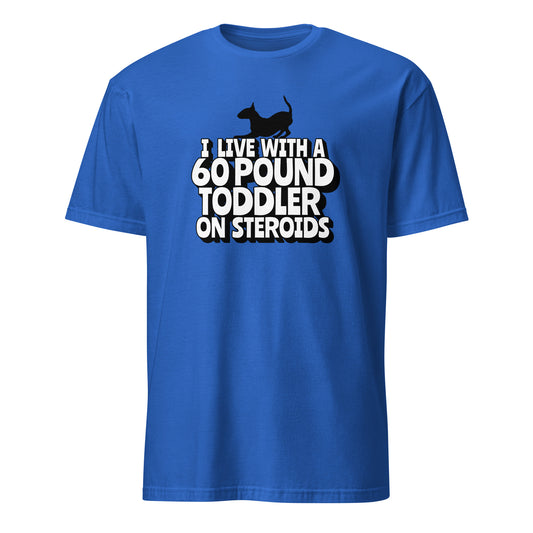 Product mockup of blue t-shirt with a graphic of a bull terrier and text "I' Live with a 60-Pound toddler on steroids"