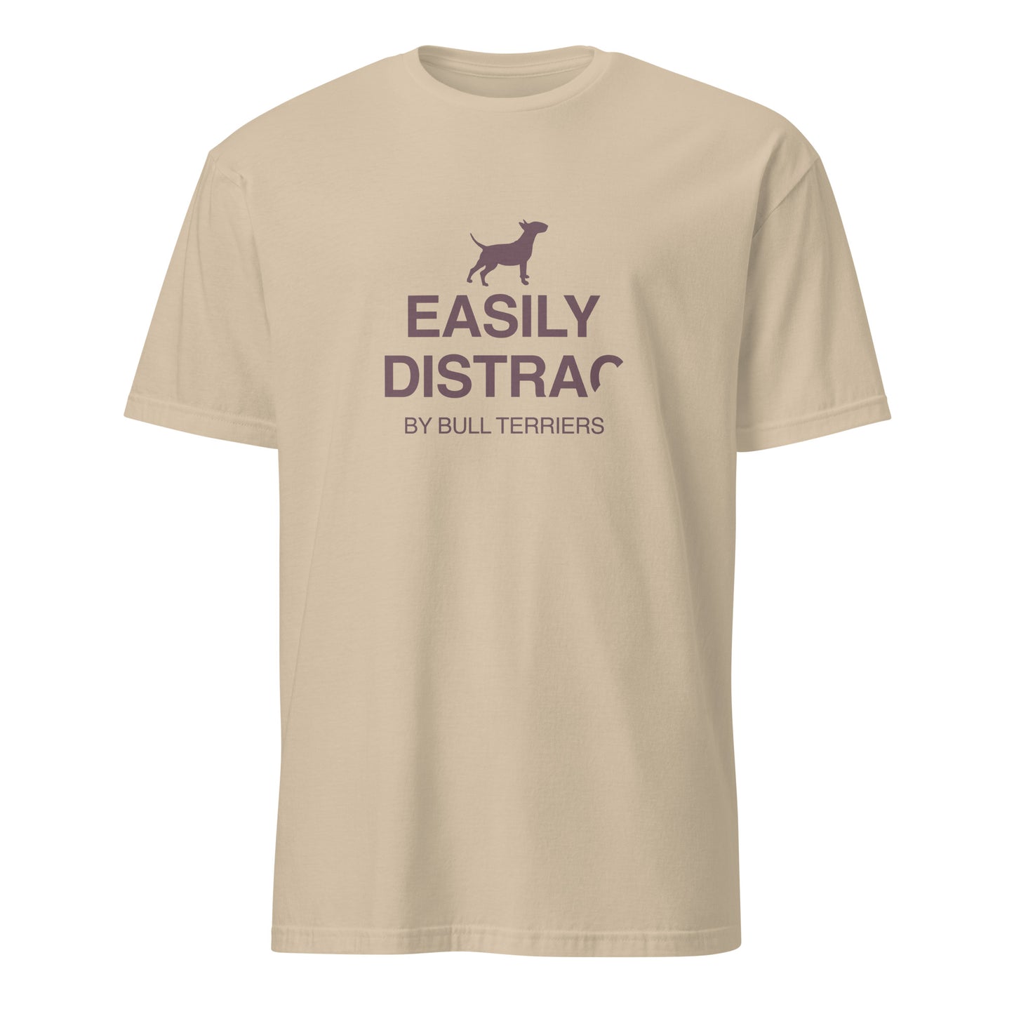 Product mockup - sand t-shirt with text and a dog graphic reading EASILY DISTRACTED BY BULL TERRIERS