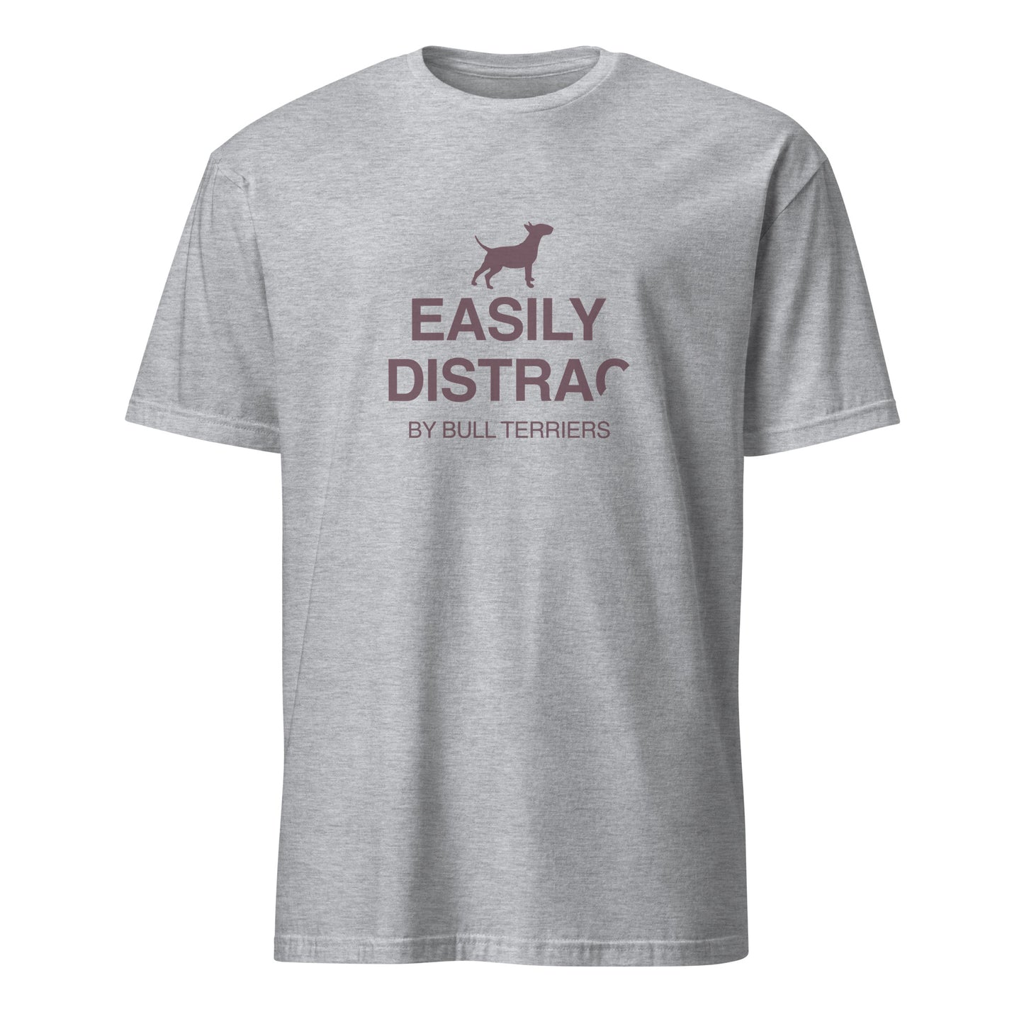 Product mockup - light grey t-shirt with text and a dog graphic reading EASILY DISTRACTED BY BULL TERRIERS