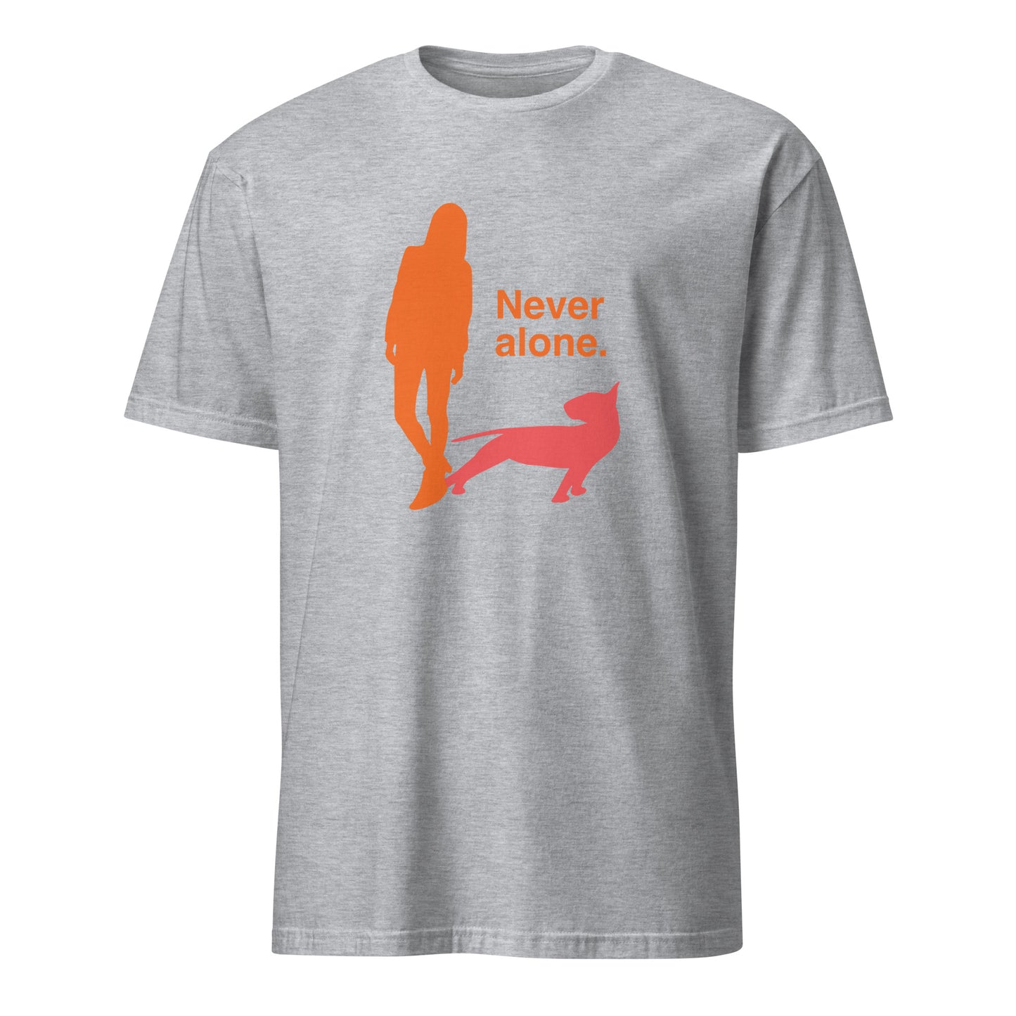 Product mockup of a grey t-shirt with a graphic of an orange figure and coral bull terrier shadow, and the text 'Never alone.'