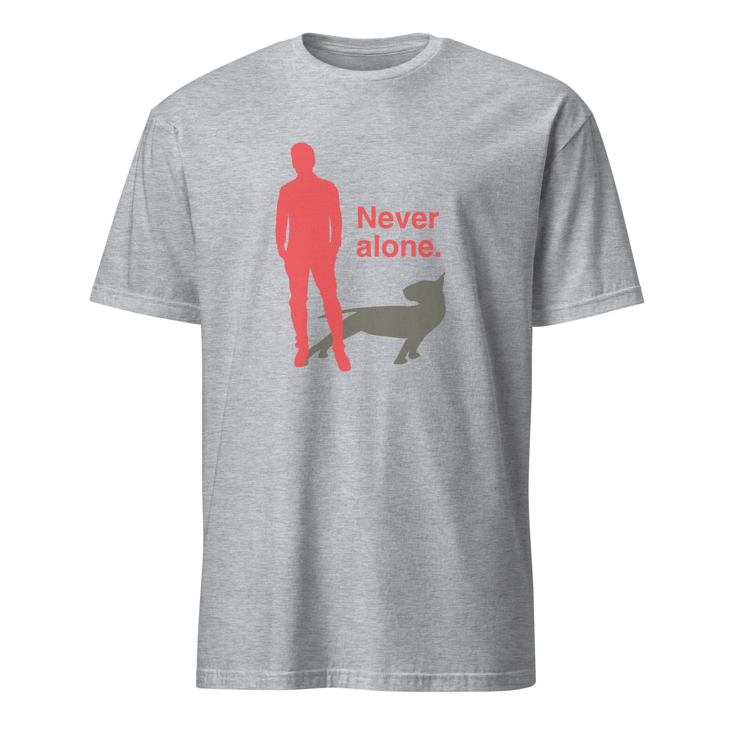 Product mockup of a grey t-shirt with a graphic of a red figure and grey bull terrier shadow, and the text 'Never alone.' on a city street.