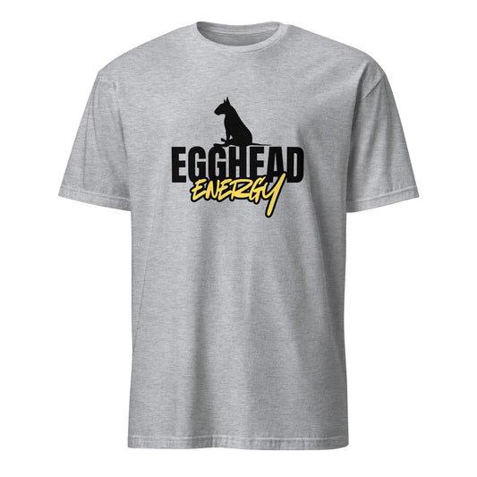 Product mockup of light grey t-shirt with 'EGGHEAD ENERGY' text and graphic