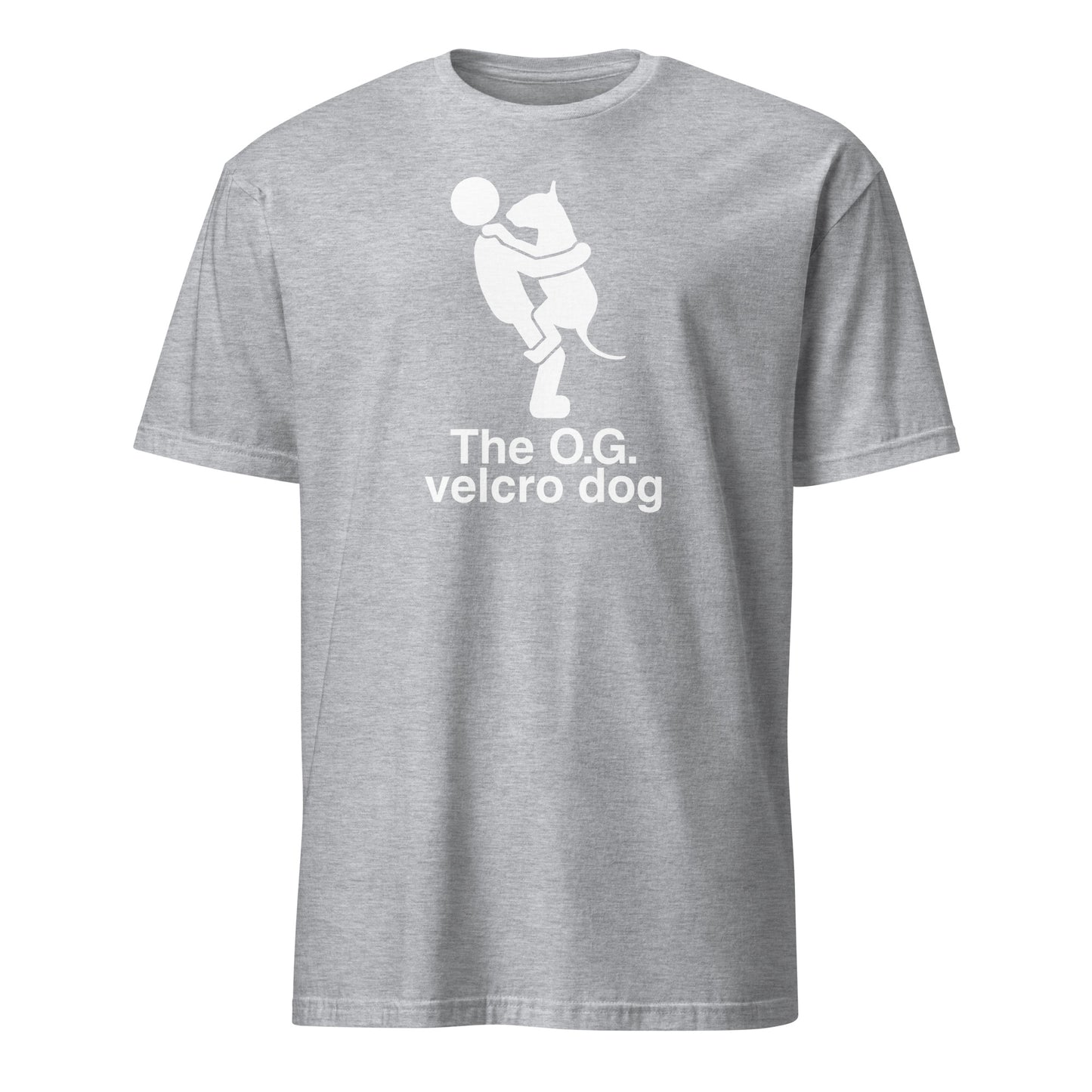 Product mockup of a grey t-shirt with a graphic of a bull terrier jumping into a persons arms, and text 'The O.G. velcro dog'.