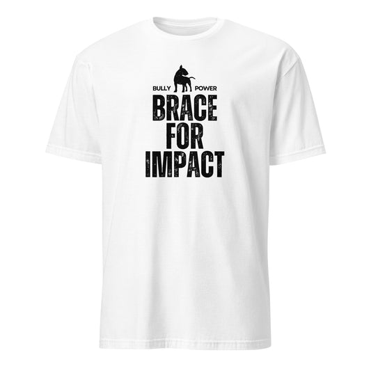 Product mockup - white t-shirt with text and graphic design 'Brace for Impact'