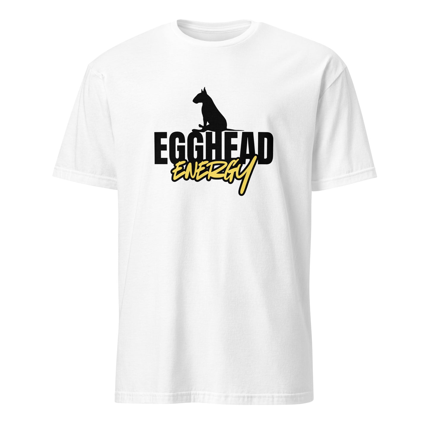 Product mockup of white t-shirt with 'EGGHEAD ENERGY' text and graphic