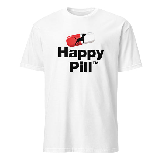 HAPPY PILL Bull Terrier graphic t-shirt, novelty dog capsule design, unisex, white