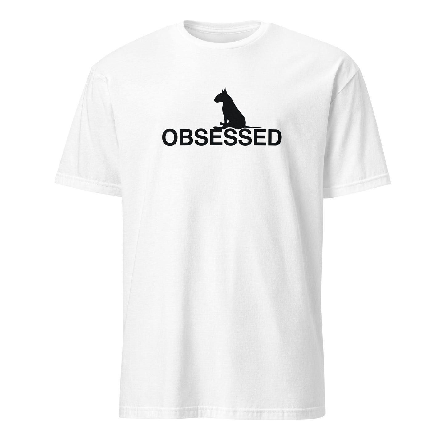Product mockup of a white t-shirt with a black bull terrier sitting silhouette and 'OBSESSED' text.