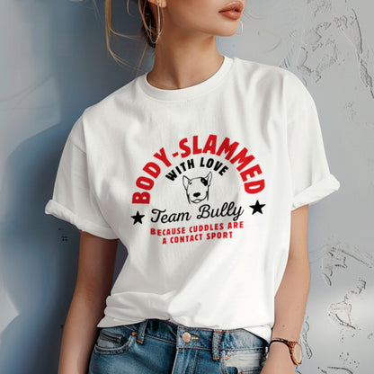 Person wearing a white t-shirt with a graphic design and text 'body-slammed with love'