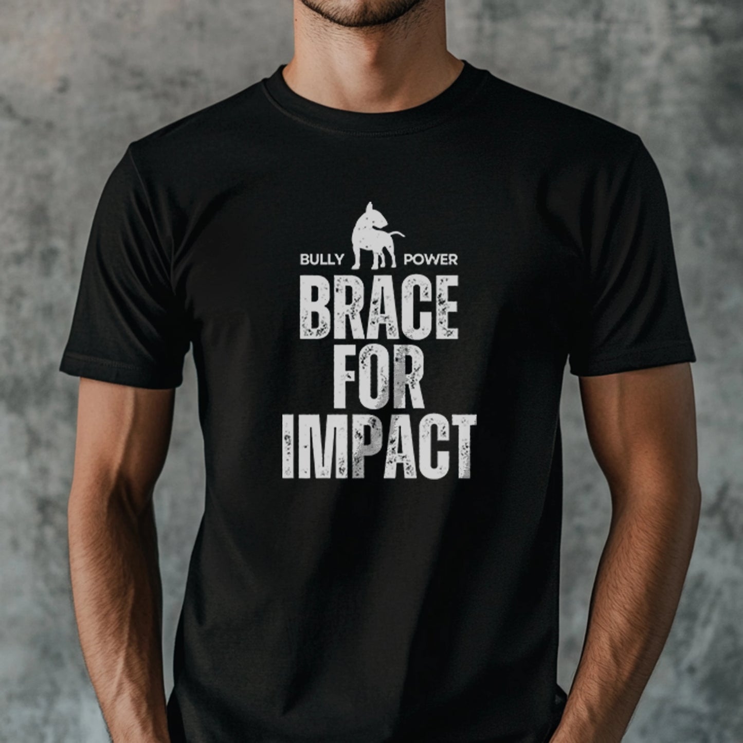 Person wearing a black t-shirt with white text 'Brace for Impact' and graphic design against a gray background