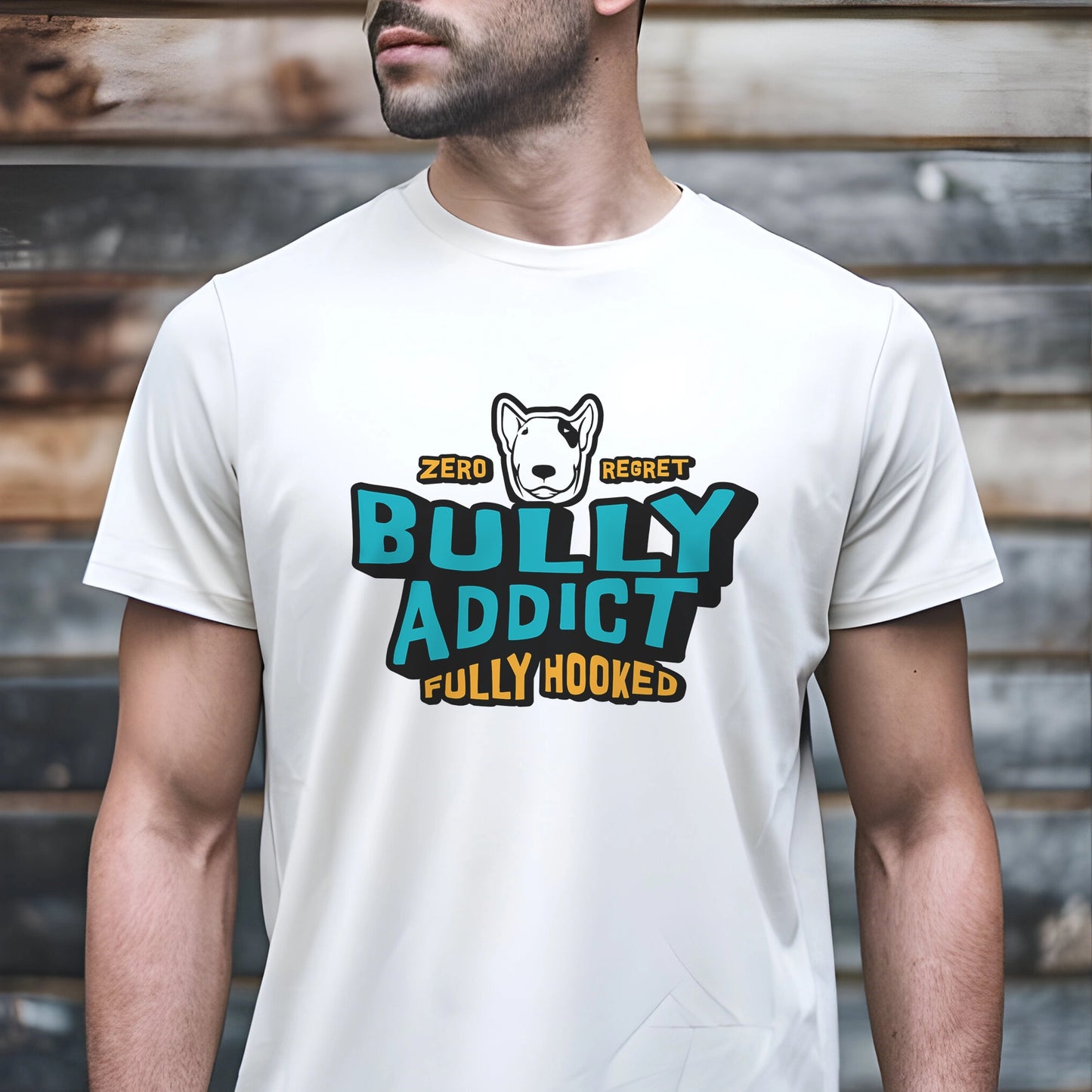 Person wearing a white t-shirt with a graphic design and text - Bully Addict Fully Hooked