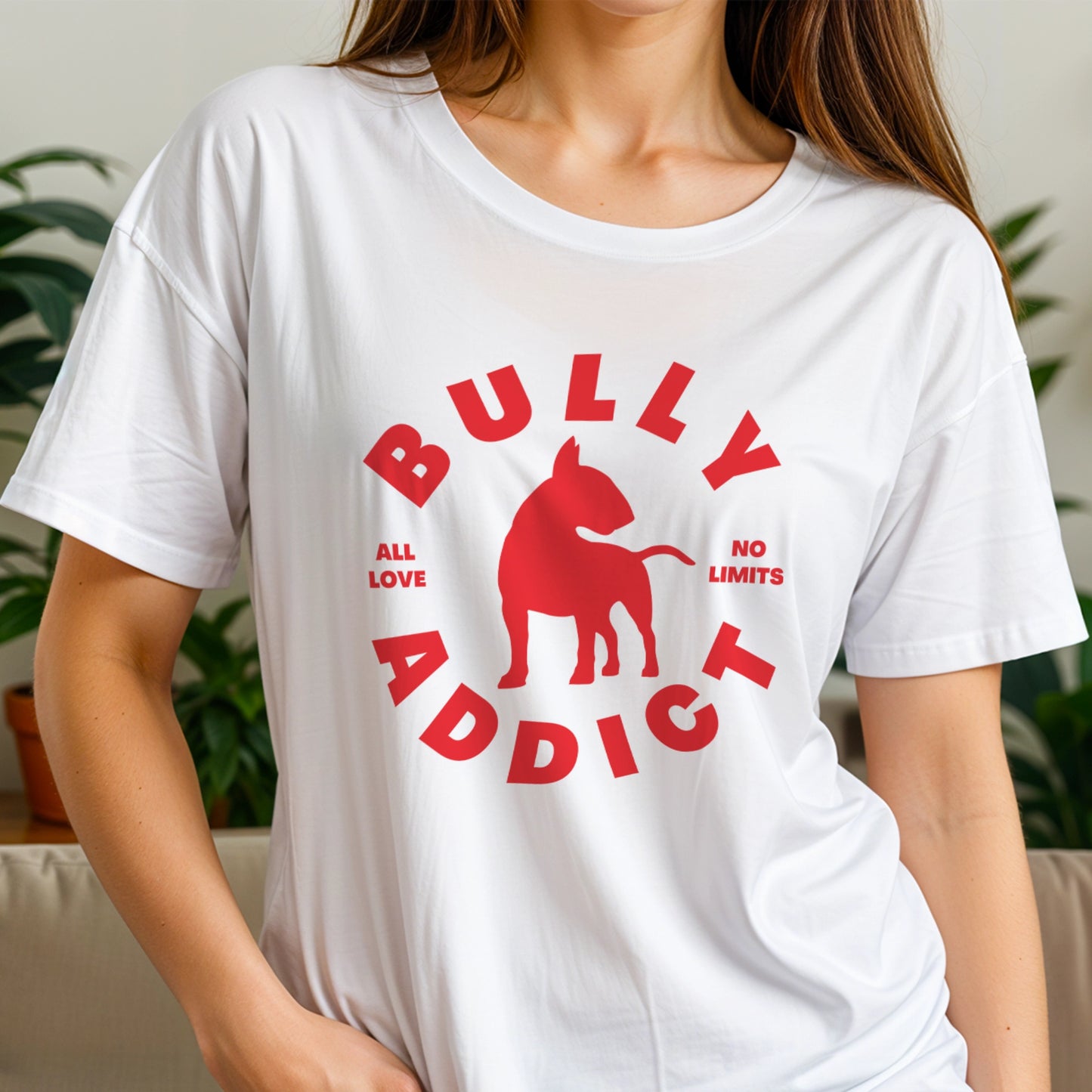 White t-shirt with red graphic and text Bully Addict