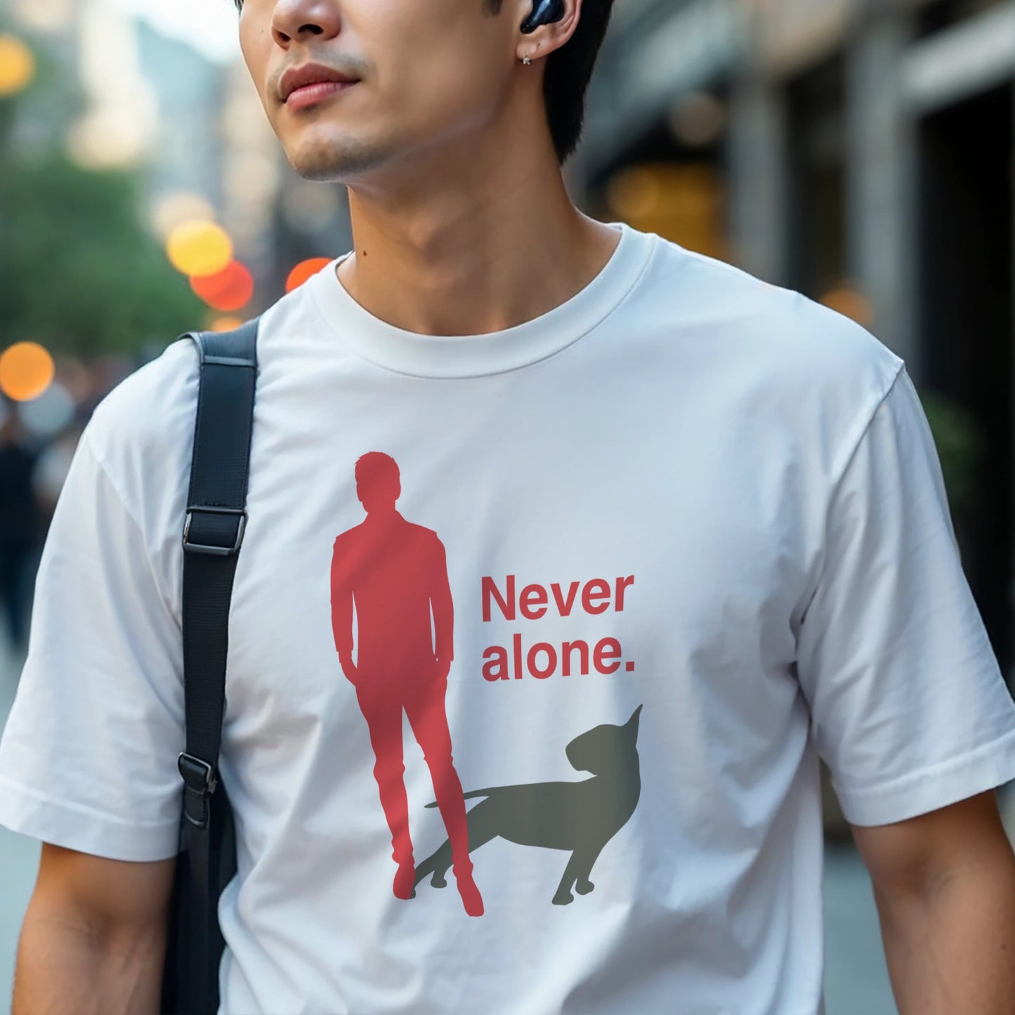 Person wearing a white t-shirt with a graphic of a red figure and grey bull terrier shadow, and the text 'Never alone.' on a city street.
