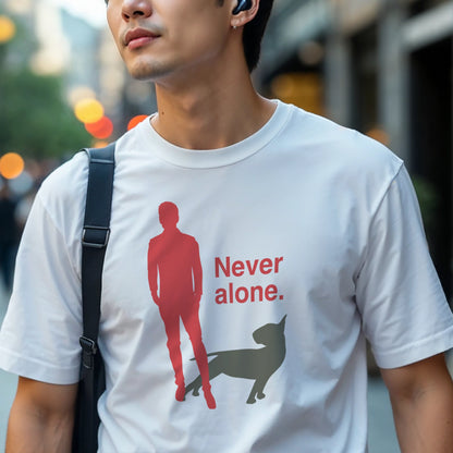 Person wearing a white t-shirt with a graphic of a red figure and grey bull terrier shadow, and the text 'Never alone.' on a city street.