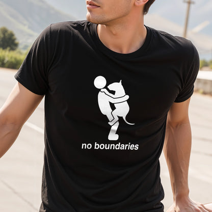 Person wearing a black t-shirt with black graphic of a dog in a persons arms and 'no boundaries' text.