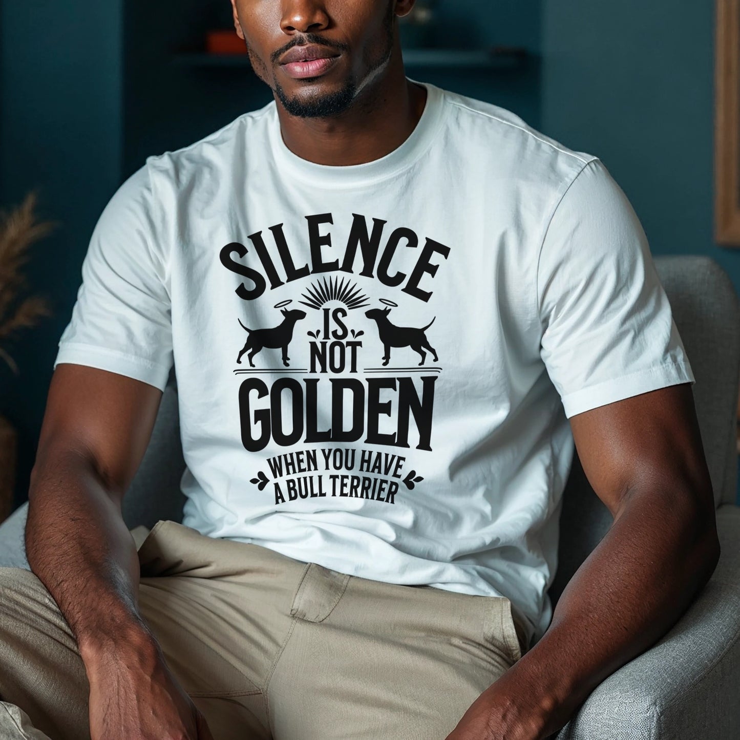 Man wearing a white t-shirt with a black graphic and text reading "Silence is not golden when you have a bull terrier."