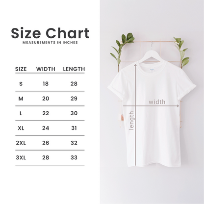 Size chart for a shirt with measurements in inches on a white background