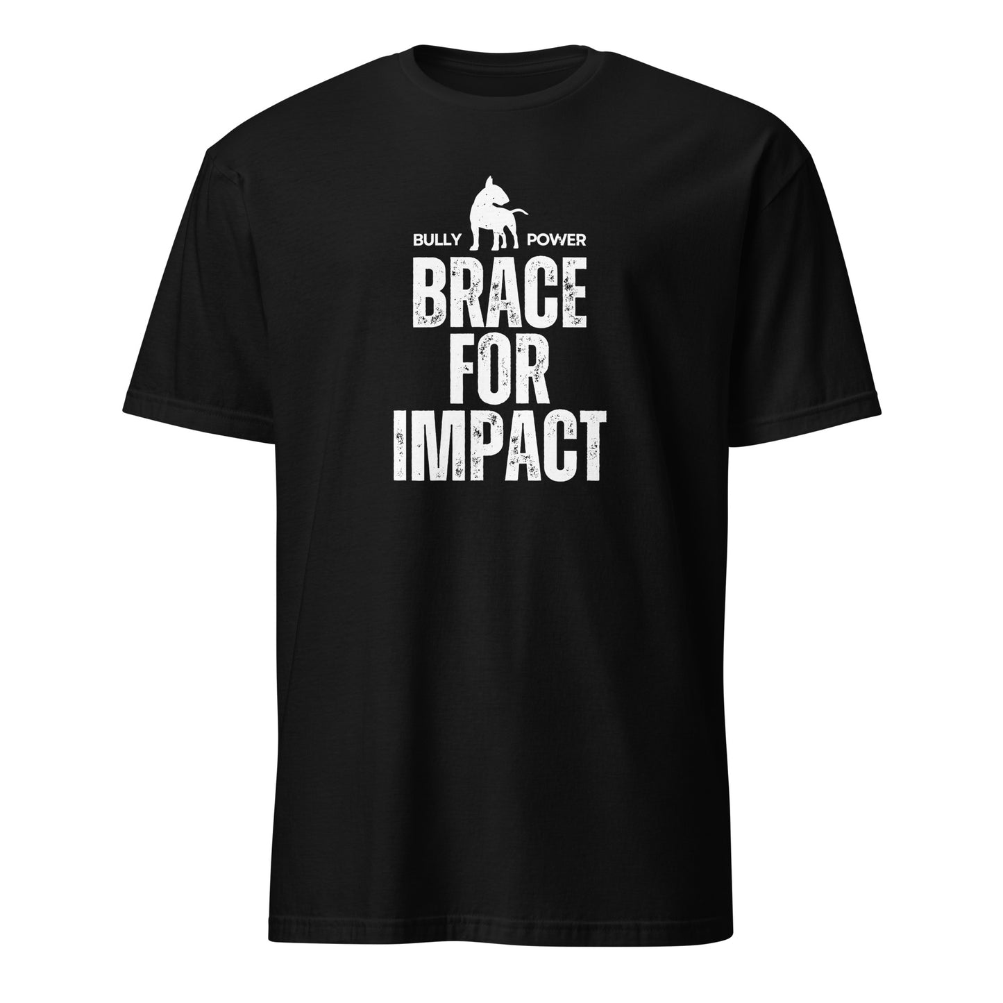 Product mockup - black t-shirt with text and graphic design 'Brace for Impact'
