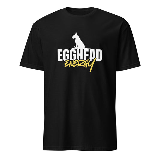 Product mockup of black t-shirt with 'EGGHEAD ENERGY' text and graphic