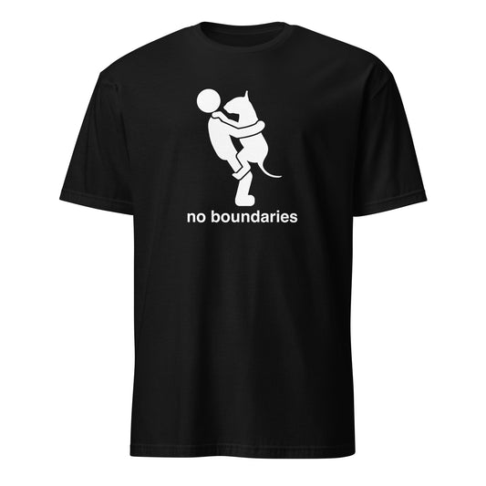 Product mockup of a black  t-shirt with white  graphic of a dog in a persons arms and 'no boundaries' text.