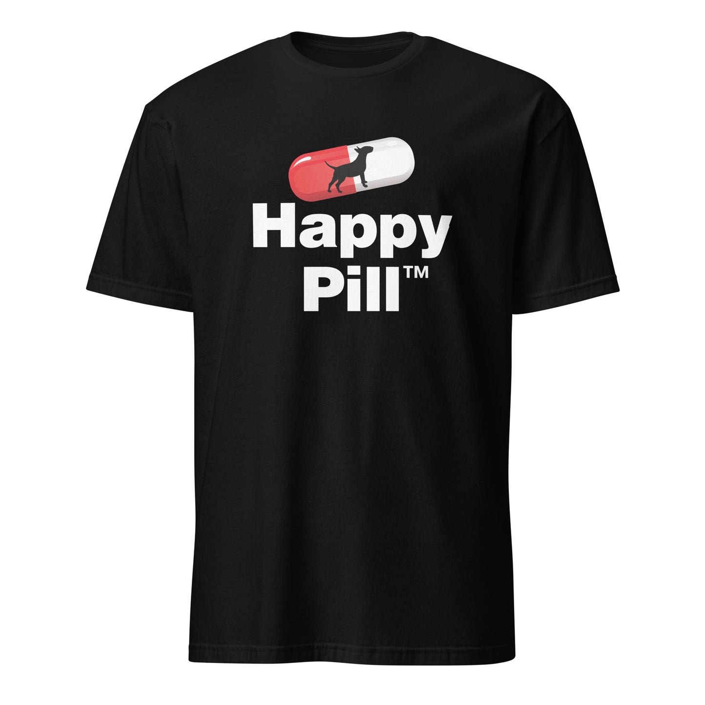 HAPPY PILL Bull Terrier graphic t-shirt, novelty dog capsule design, unisex, black