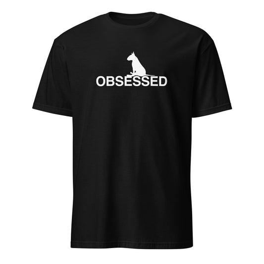 Product mockup of a black t-shirt with a white  bull terrier sitting silhouette and 'OBSESSED' text.