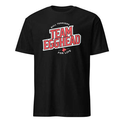 Product mockup of black t-shirt with 'Team Egghead for Life' text and logo.