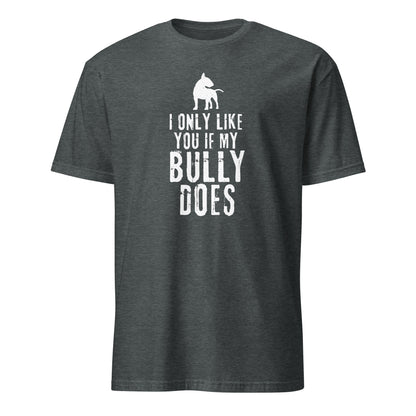 Product mockup of dark grey t-shirt with bull terrier graphic and text "I only like you if my Bully does"