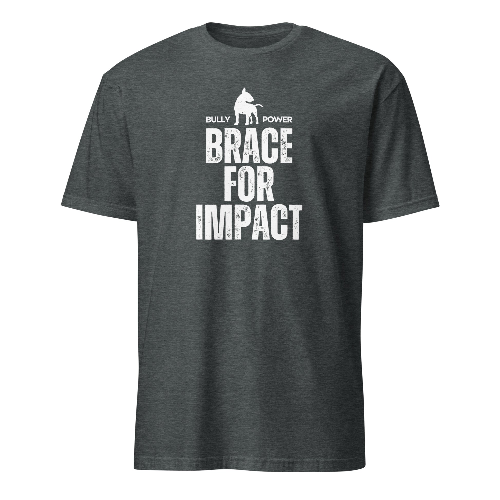 Product mockup - dark grey t-shirt with text and graphic design 'Brace for Impact'