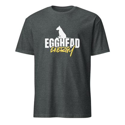 Product mockup of dark grey t-shirt with 'EGGHEAD ENERGY' text and graphic