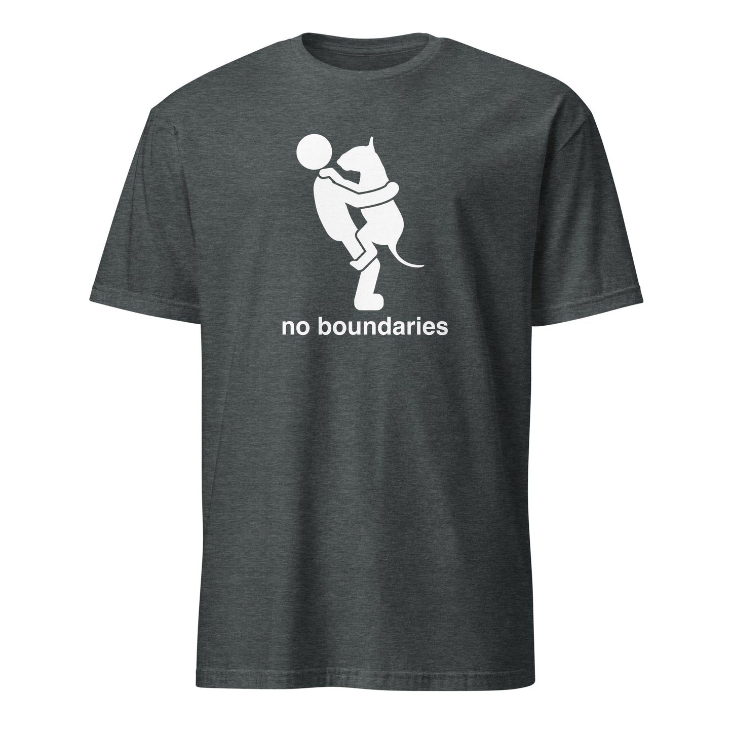 Product mockup of a dark grey  t-shirt with white graphic of a dog in a persons arms and 'no boundaries' text.