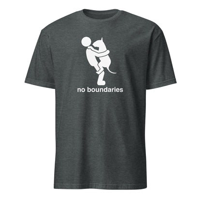 Product mockup of a dark grey  t-shirt with white graphic of a dog in a persons arms and 'no boundaries' text.